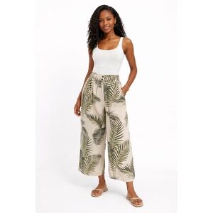 H&M Beige Green Tropical Palm Leaf Linen Blend Wide Leg Culotte Pants 12 102-09